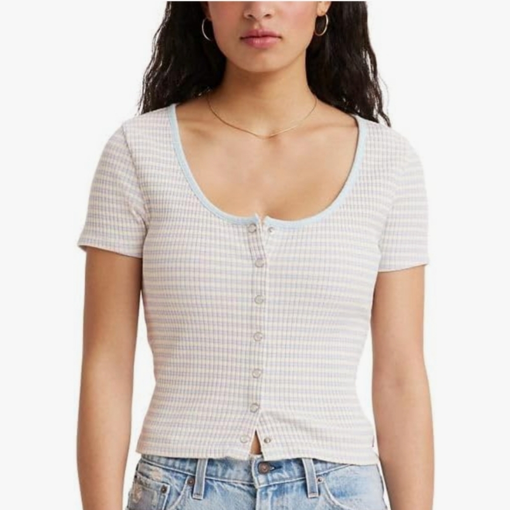 Levi's Y2K Style Britt Cotton Striped Ribbed Pearl Snap Button Down Top Size XL